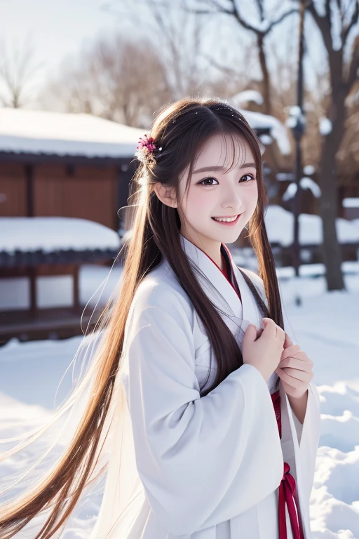  top quality , 4k image quality,  One Girl , White Hanfu, snow,  long hair that flutters in the wind ,  healing smile , Large diameter,  Blurry Backgrounds 