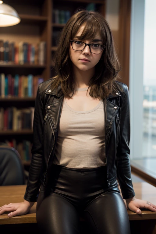 Maisie williams BREAK (black leather jacket and leggings) BREAK (medium hair, brown hair, straight hair, bangs) BREAK (nerd glasses, black frame) BREAK (slender body, thin hips) BREAK (sitting at desk) BREAK inside, library, soft lighting, female, masterpiece, high resolution, 8k, sure_for_work 