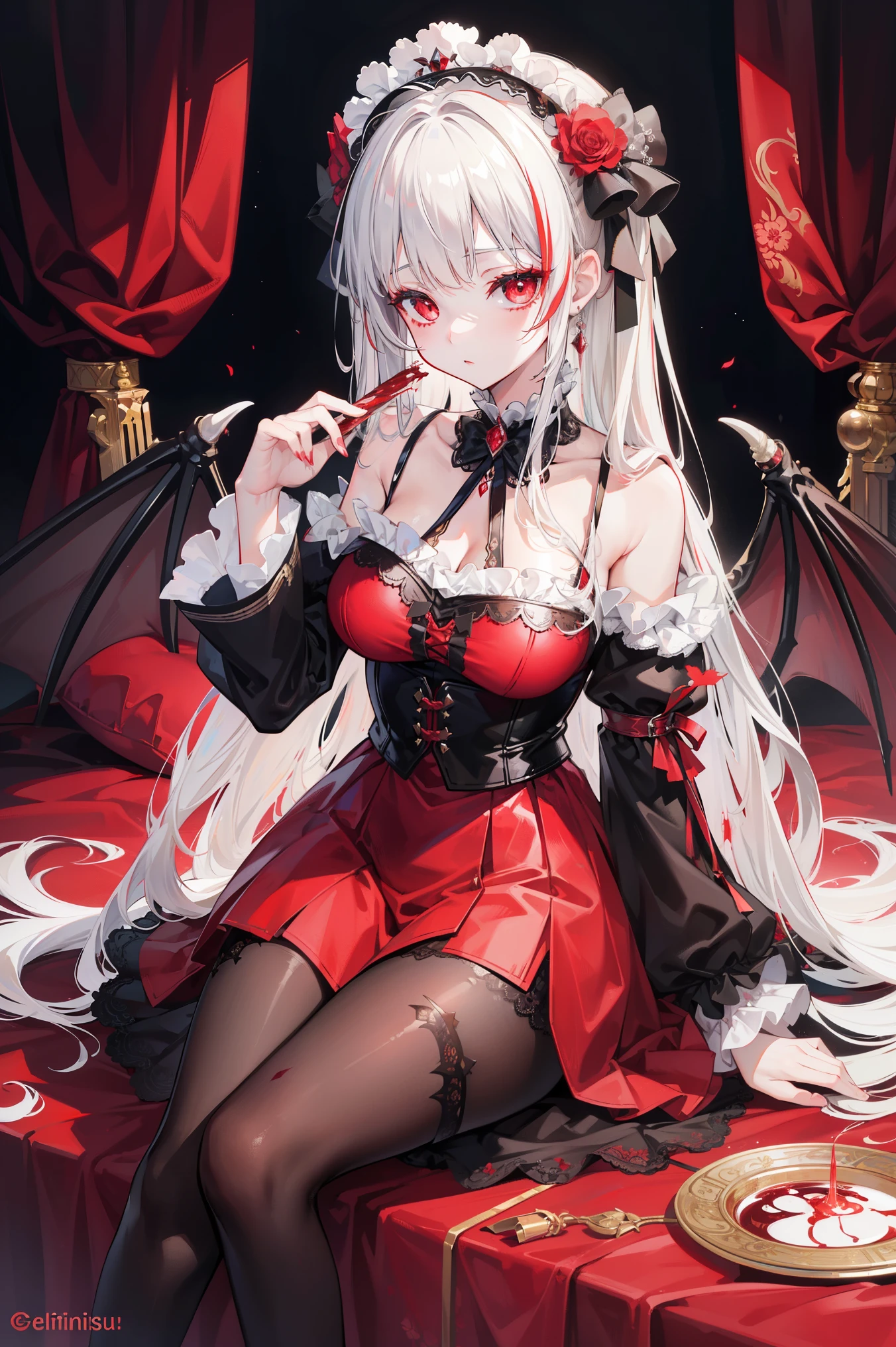 ( extremely detailed CG unification), Detailed Clothes ,ta, masterpiece, Extremely exquisite and beautiful, Devil Girl,Blood splash , 1 Girl, Sitting, messy hair , beautiful detailed eyes, red eyes, lace pantyhose ,Floral scent,Succubus's horns,Girls' Shoes ,Avoid extra feet ,A small amount of gel coat,bathed in blood,scary background, Clothes that show skin color