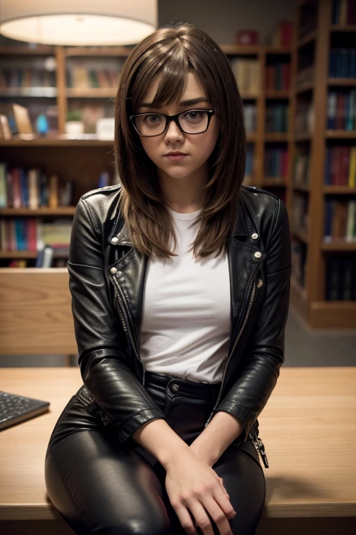 Maisie williams BREAK (black leather jacket and leggings) BREAK (medium hair, brown hair, straight hair, bangs) BREAK (nerd glasses, black frame) BREAK (slender body, thin hips) BREAK (sitting at desk) BREAK inside, library, soft lighting, female, masterpiece, high resolution, 8k, sure_for_work 