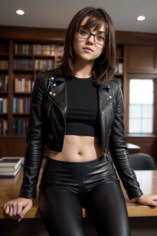 Maisie williams BREAK (black leather jacket and leggings) BREAK (medium hair, brown hair, straight hair, bangs) BREAK (nerd glasses, black frame) BREAK (slender body, thin hips) BREAK (sitting at desk) BREAK inside, library, soft lighting, female, masterpiece, high resolution, 8k, sure_for_work