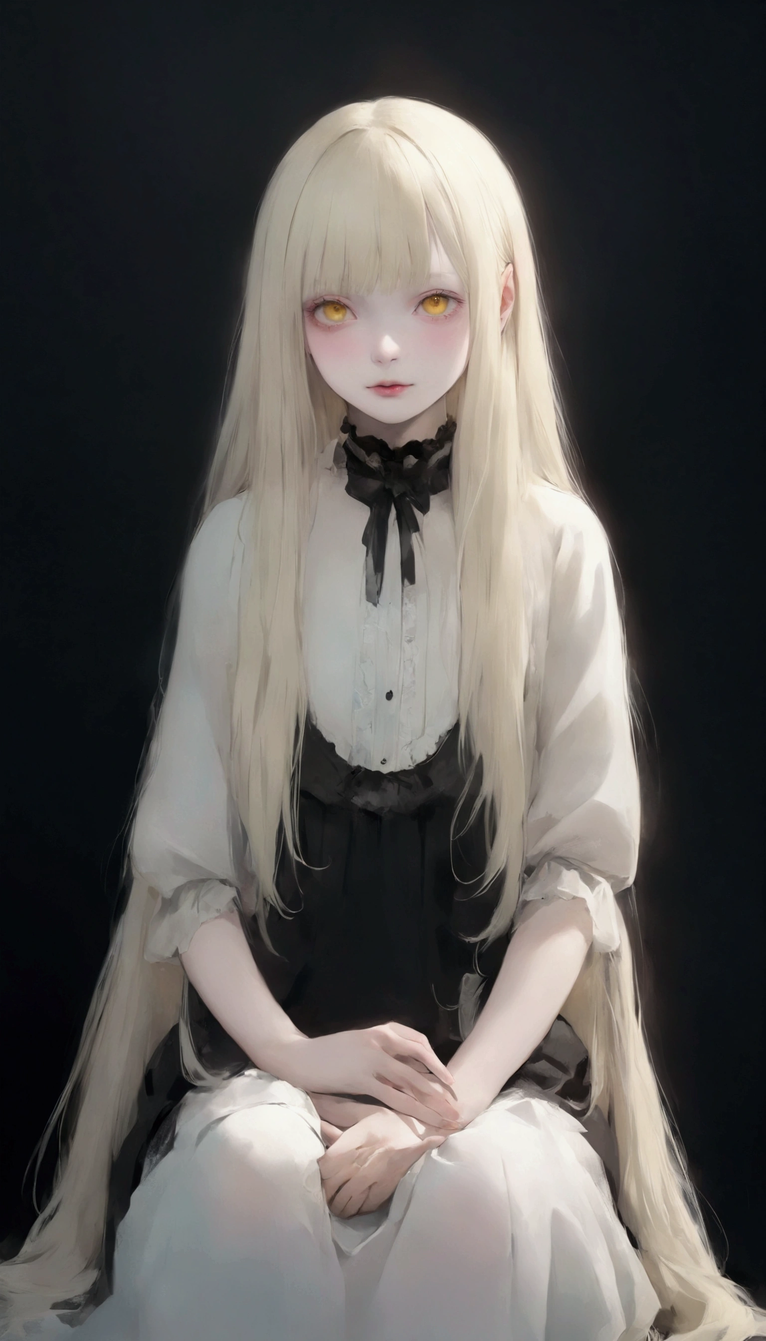  bright color:1.7、  LOSING PASTEL COLORS :1.7、(  Top Quality 、masterpiece、  very detailed、  one girl 、((非常に  cute face)) , ((  long hair )),  long white hair ,  very long straight hair  , Short bangs, Albino white skin,  pale yellow eyes like Halloween  ,  realistic feel that hides a woman's genitals ,  cute face、Silky Short Blonde、 knees、  gothic fashion 、  very detailed目、  cute face、  bright color:1.7、  LOSING PASTEL COLORS :1.7