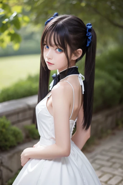 Innocence,   dark green hair,  twin tails,  turn my arms around my back , white dress, Black waist tie,  girl , blue eyes,