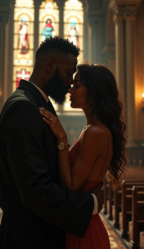 she is dressed in black lace lingerie, her curly hair framing her beautiful face, a tall, black man stands behind her, arms wrapped around her waist, he has a full beard and locs, the scene is set in a cozy living room . The artist, renowned for their attention to detail, creates a heartwarming scene with rich colors and intricate textures. Other elements in the room are champagne bottle on the the table two champagne glasses, next to a bouquet of red roses, create in 4k