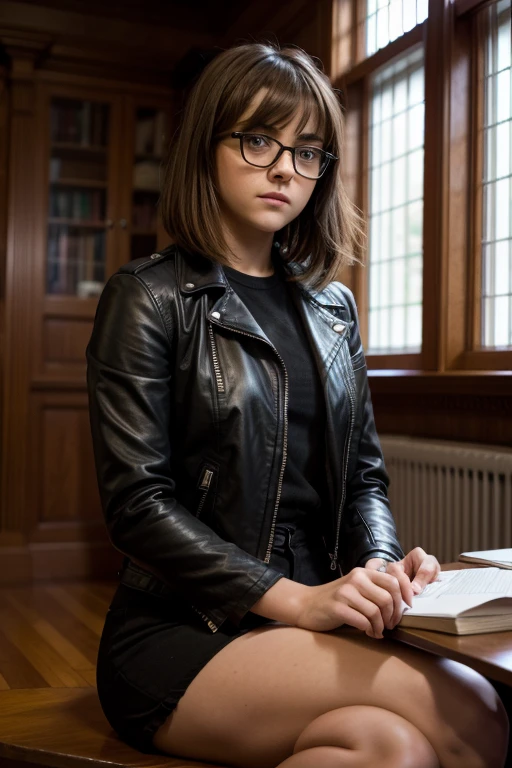 Maisie williams BREAK (black leather jacket) BREAK (medium hair, brown hair, straight hair, bangs) BREAK (nerd glasses, black frame) BREAK (slender body, thin hips) BREAK (sitting at desk) BREAK inside, library, soft lighting, female, masterpiece, high resolution, 8k, sure_for_work 