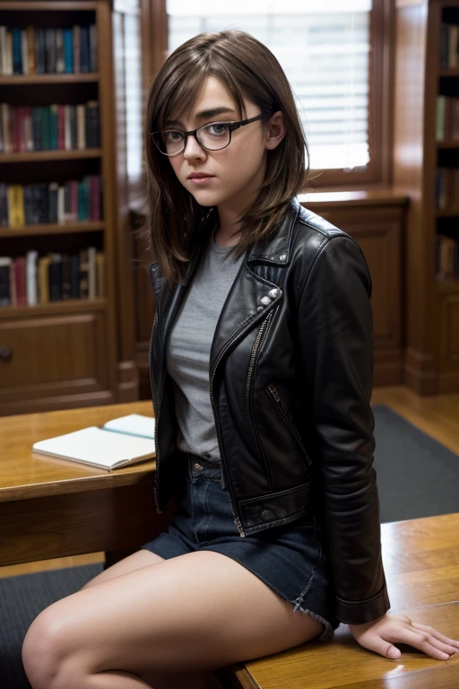 Maisie williams BREAK (black leather jacket) BREAK (medium hair, brown hair, straight hair, bangs) BREAK (nerd glasses, black frame) BREAK (slender body, thin hips) BREAK (sitting at desk) BREAK inside, library, soft lighting, female, masterpiece, high resolution, 8k, sure_for_work 