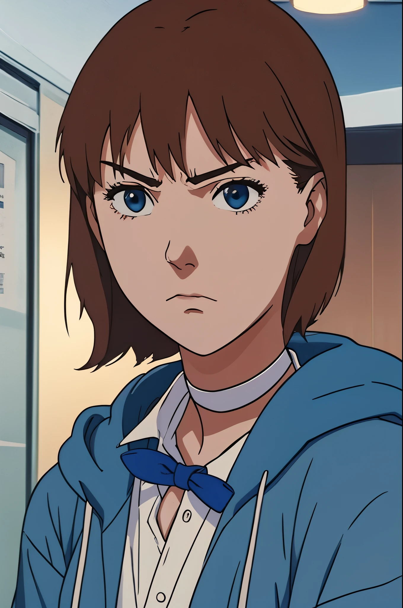 satosh kon art style, masterpiece, portrait, solo, 1girl, light brown hair, side bangs, exposed forehead, blue eyes, angry, frown, choker, open blue hoodie, white shirt, school bowtie, short hair, half body, looking away from camera