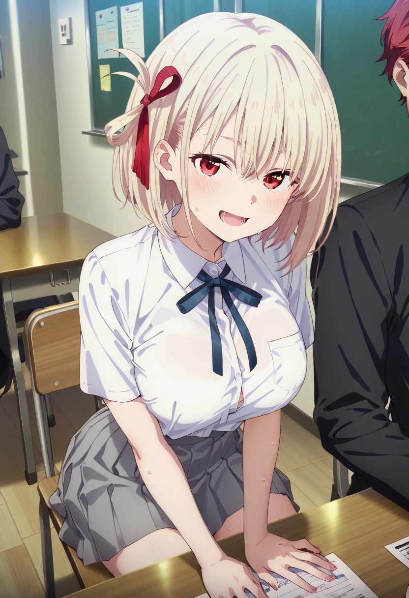 , chisatonishikigi, nishikigi chisato, short hair, bangs, blonde hair, (red eyes:1.5), hair ribbon, one side up, bob cut, BREAK shirt, long sleeves, dress, ribbon, white shirt, collared shirt, belt, neck ribbon, red dress, blue ribbon, pleated dress, grey dress, two-tone dress, red belt, lycoris uniform, Nsfw,(((1girl,1boy,fellatio))),Looking at viewers , delightful ,grinning,masterpiece ,8k unity wallpaper,anime key visual,highest quality, High resolution, unity 8k wallpaper, (shape:0.8), highly detailed face,highly detailed eye,glowing eyes , shiny skin,fine skin,white skin,dense skin,detailed hair,highly detailed legs,perfect lighting, Detailed CG, (perfect hands, perfect anatomy),High resolution,anime key visual,Kyoto Animation,(Detailed wear ),slender limbs, delicate curves, dainty hands, tiny feet,figure:0.8, , (((,realistic white lace bra ))),