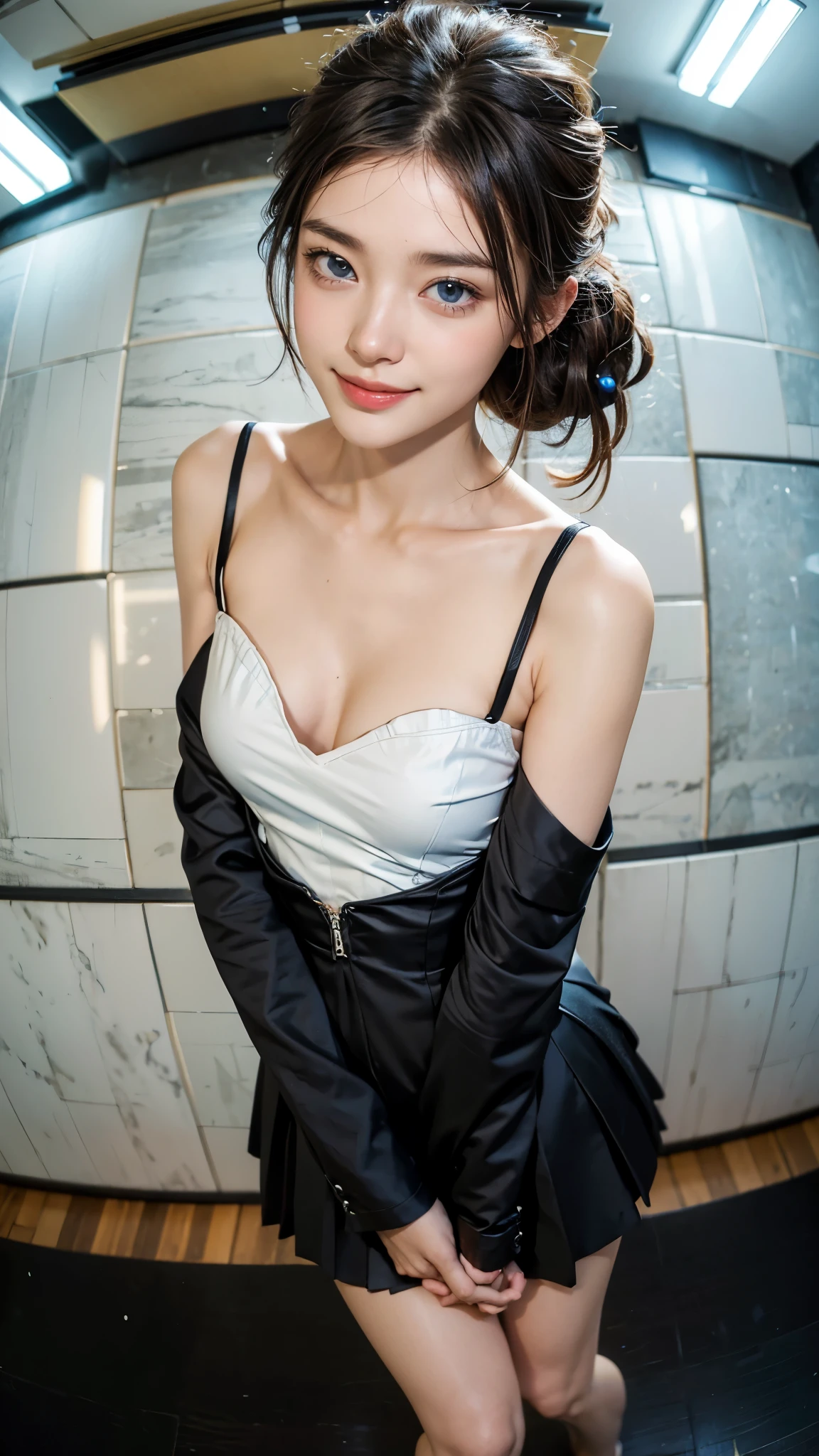 top-quality、超A high resolution、(Photorealsitic:1.4)、1人、Off-shoulder white shirt、Black tight skirt、Black Choker、(faded ash gray hair:1)、(huge-breasted:1.2)、looking at viewert、Open your legs、A smile、bath