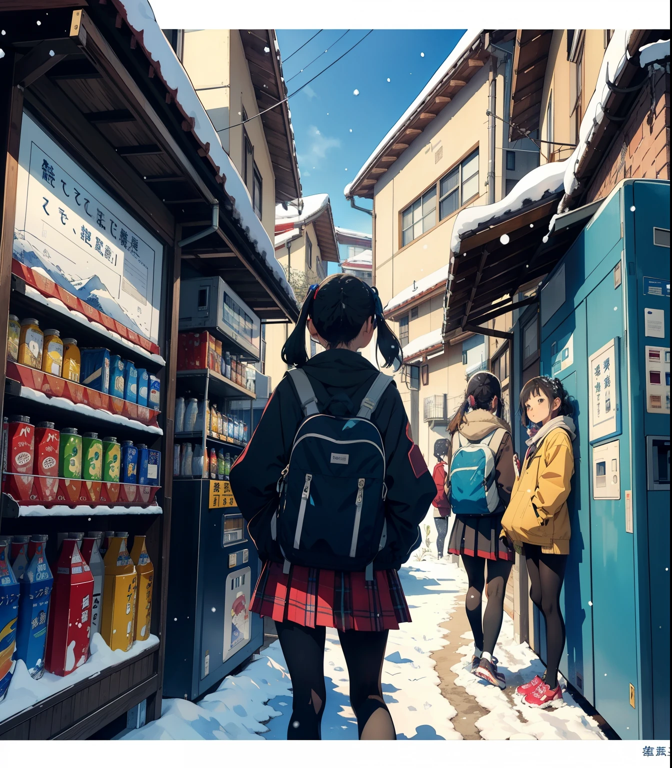 masterpiece， Top Quality，   high image quality ，(  super flat  ，  Flat Shading   )，  fisheye lens，冬の日本のBackstreets，Backstreets，Japanese beverage vending machine,   Retro Style  ， several female ********************** who seem to enjoy going to school，snow景色，snow，  bright color，watercolor,   Ghibli style，Strong winds，  girl  &#39;Lure，