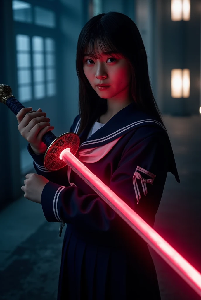 A Japanese woman in a sailor suit 、 holds a Japanese sword with a red glowing blade。