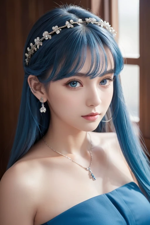  top quality , skilled,  Hair Detail ,  high resolution, (((itch))) , necklace,  hair accessories, ( beautiful faces),  blue dress,  Watch Viewers ,  Blue Hair,  is standing, （Above the waist），Medusa