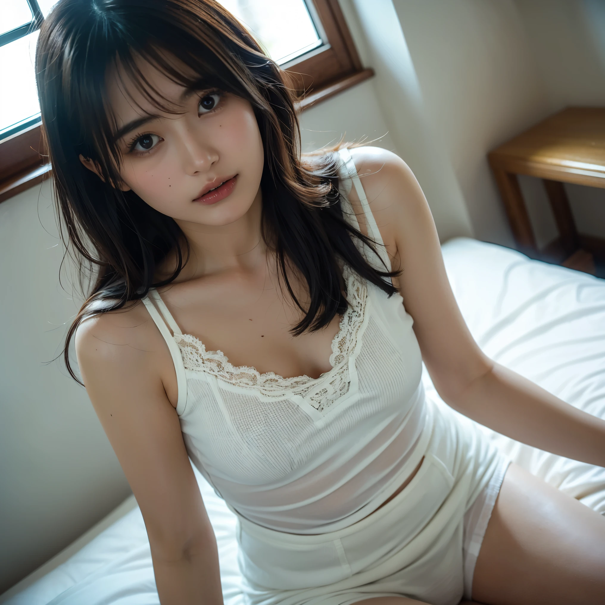  ((Extremely precise and accurate anatomy:1.0)), (photo Realistic:1.4), (hyper Realistic:1.4), (最高品質のRealisticな肌の質感:1.4), (Improvement of quality:1.4), (Enhances the beauty of skin texture:1.1), Clean and glowing skin, mesh, thin:1.2, (Realistic:1.3), Realisticなライティング, (Smoother lighting:1.05), (Improving the quality of cinema lighting:0.9), Backlight, A gentle light on your face, Ray Tracing, (Bright light:1.2), 32K, One Japanese woman, fine grain, Detailed face, (Film Grain:1.1),(Accentuates body lines:1.1), High resolution, Natural look, Kind eyes, Improves hair quality, Delicate light and shadow, Transparent muscles, Graceful pose, Beautiful Eyes, Sharp details, Soft light reflection, Beautiful contours, Delicate skin tone, Fine hair texture, Natural background,  ,(((Downward))),((Spread your legs)),A loose-fitting camisole,barefoot,One Girl,Realistic,Bedroom、Looks sleepy