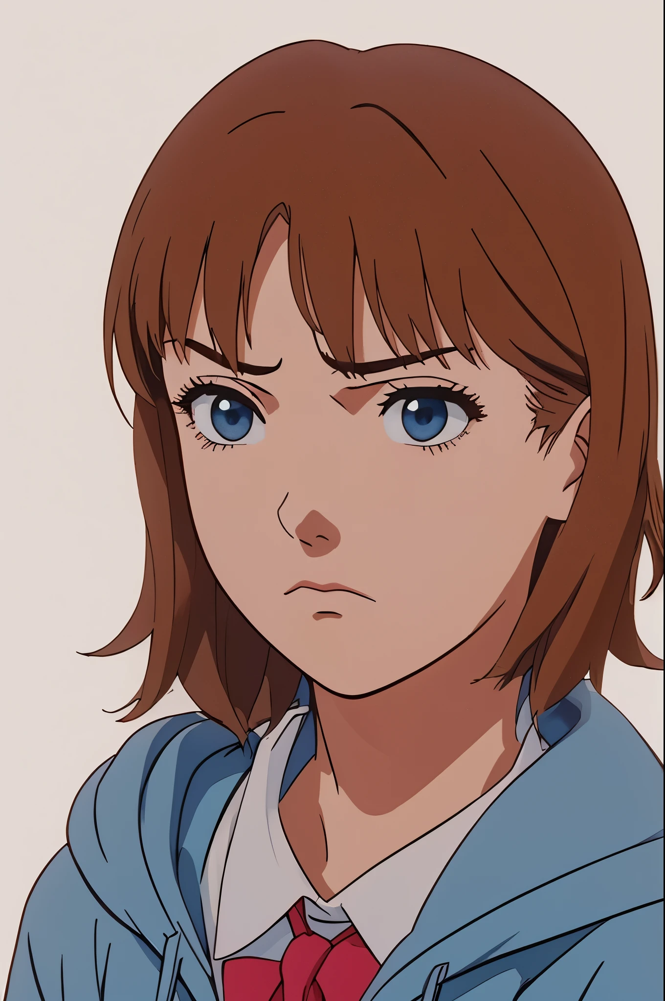 satosh kon art style, masterpiece, portrait, solo, 1girl, (white background, simple background), light brown hair, side bangs, exposed forehead, blue eyes, angry, frown, blue hoodie, white shirt, school bowtie, short hair, half body, looking away from camera