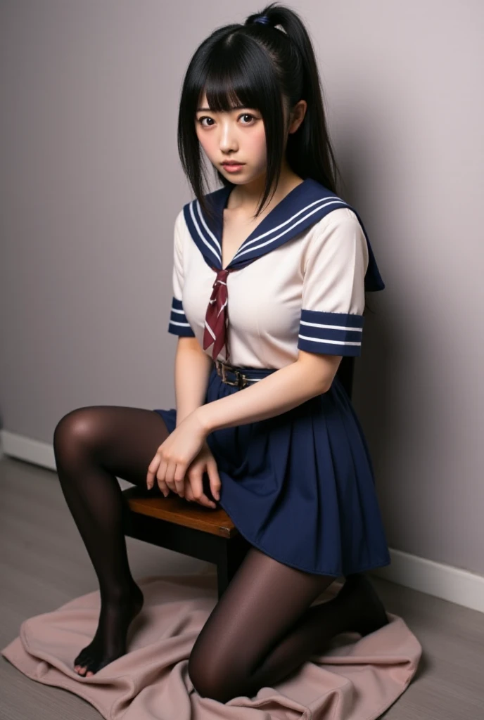 〈Character〉
1  women、 25_years, black hair、 sailor suit、Pantyhose 、 beautiful eyes、Ponytail、Plump breast, blush、 Embarrassing 、 open her mouth 、saliva、saliva is stringy、sweat、 wet 、Trembling、 close your eyes half、Point slightly upwards、Raise your gaze、 painful、 painful breathing、 white moya 、patience、Worried brow、tears、Open your legs fully open 、sit、sits on a chair、Arrest、Put on handcuffs、Tied up、Bondage、 hide your crotch with a skirt、
〈scene〉
Studio、Photograph from below、 used tissue is placed 、 crumpled tissue is placed、Crumpled paper is placed 、puddle of pee 
〈Style〉
masterpiece,  high definition ,  Anatomically Correct ,  inviting , 