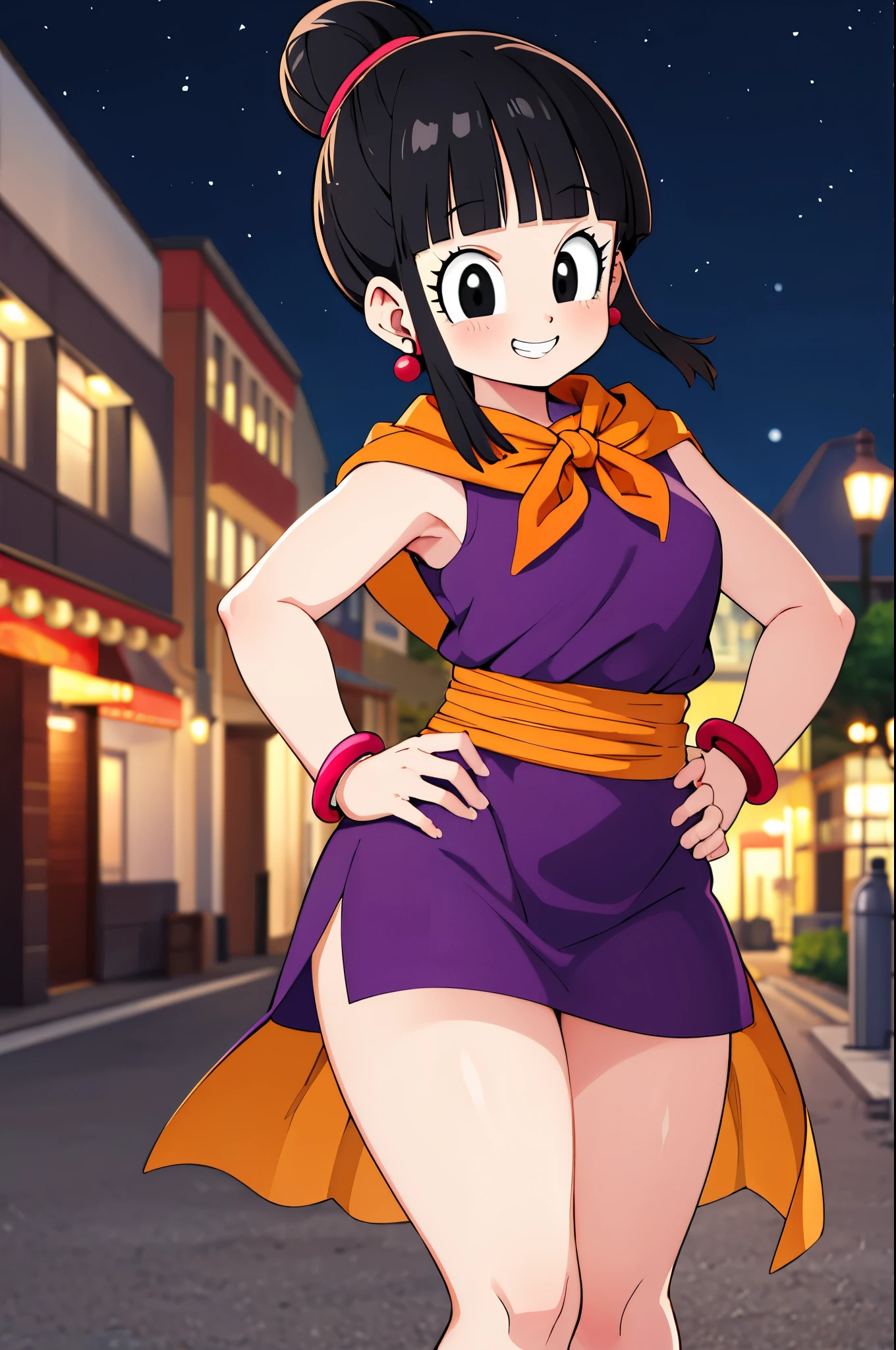 masterpiece, best quality, highres, dragon ball, single hair bun, hair bun, blunt bangs, sidelocks, black eyes,  earrings, orange neckerchief, orange scarf, purple dress, sleeveless, bracelet, grin, hand on hip, smile, outdoors, street, thicc thigs, showing legs, mischievous smile, night, naughty