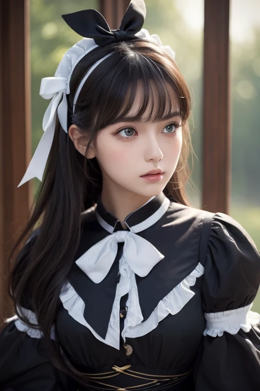  One Girl , masterpiece,  top quality , 8k,  detailed skin texture,  detailed cloth texture,  beautiful detailed face,  detailed information on dark black hair,  ultra detail,  Alice in Wonderland wearing a big bow, (A ribbon on her head:1.1),  upper body