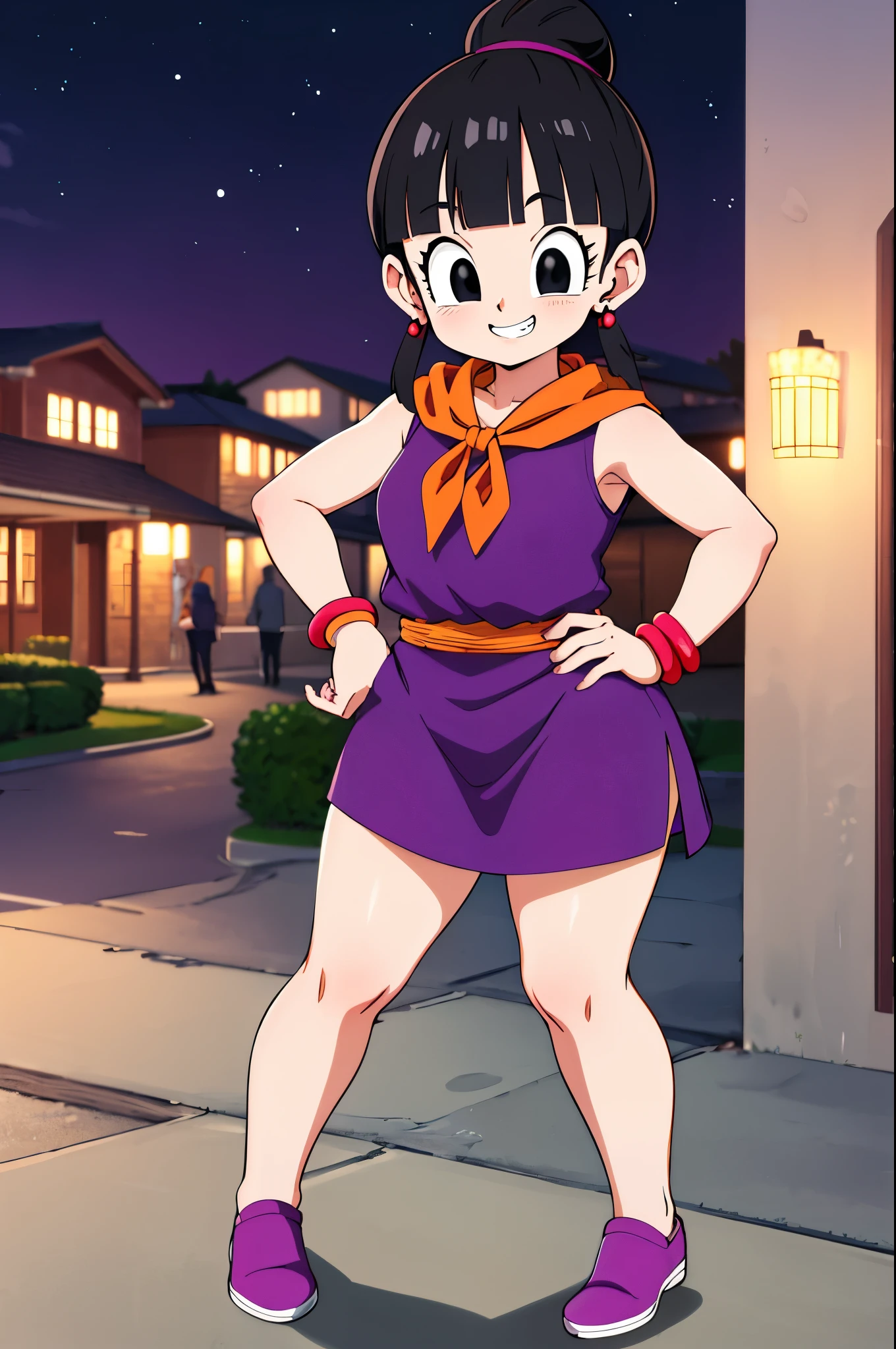 masterpiece, best quality, highres, dragon ball, single hair bun, hair bun, blunt bangs, sidelocks, black eyes, earrings, orange neckerchief, orange scarf, purple dress, sleeveless, bracelet, grin, hand on hip, smile, outdoors, street, thicc thigs, showing legs, mischievous smile, night, naughty