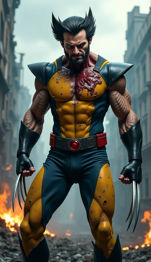 A hyper-realistic 4K depiction of Wolverine, partially transformed into a zombie, with 70% of his heroic form intact and 30% showing horrifying decay. Wolverine's iconic yellow-and-black suit remains largely recognizable, but it is torn and bloodstained, with scorch marks and battle damage hinting at countless fights. His adamantium claws are fully extended, shining in the faint light, and his muscular physique radiates raw power, though slightly marred by patches of decay.
Around 30% of his body displays zombie-like features: parts of his face and neck are decayed, with exposed muscle and bone visible beneath torn skin. One eye is lifeless and milky white, while the other burns fiercely with Wolverine’s unyielding determination. His hands are partially skeletal, with some flesh missing, exposing sinew and bone, while his arms bear rotting patches that blend grotesquely with his otherwise powerful form. His iconic wild hair is mostly intact but dirty and disheveled, with a few small bald patches revealing decaying scalp.
The setting is an apocalyptic wasteland, with broken city ruins and swirling ash under a dark, stormy sky. Wolverine’s stance is imposing and defiant, his claws ready for battle despite his partial zombie transformation. His feral presence is enhanced by the mix of life and death, creating a haunting and powerful figure of unstoppable rage and resilience.
