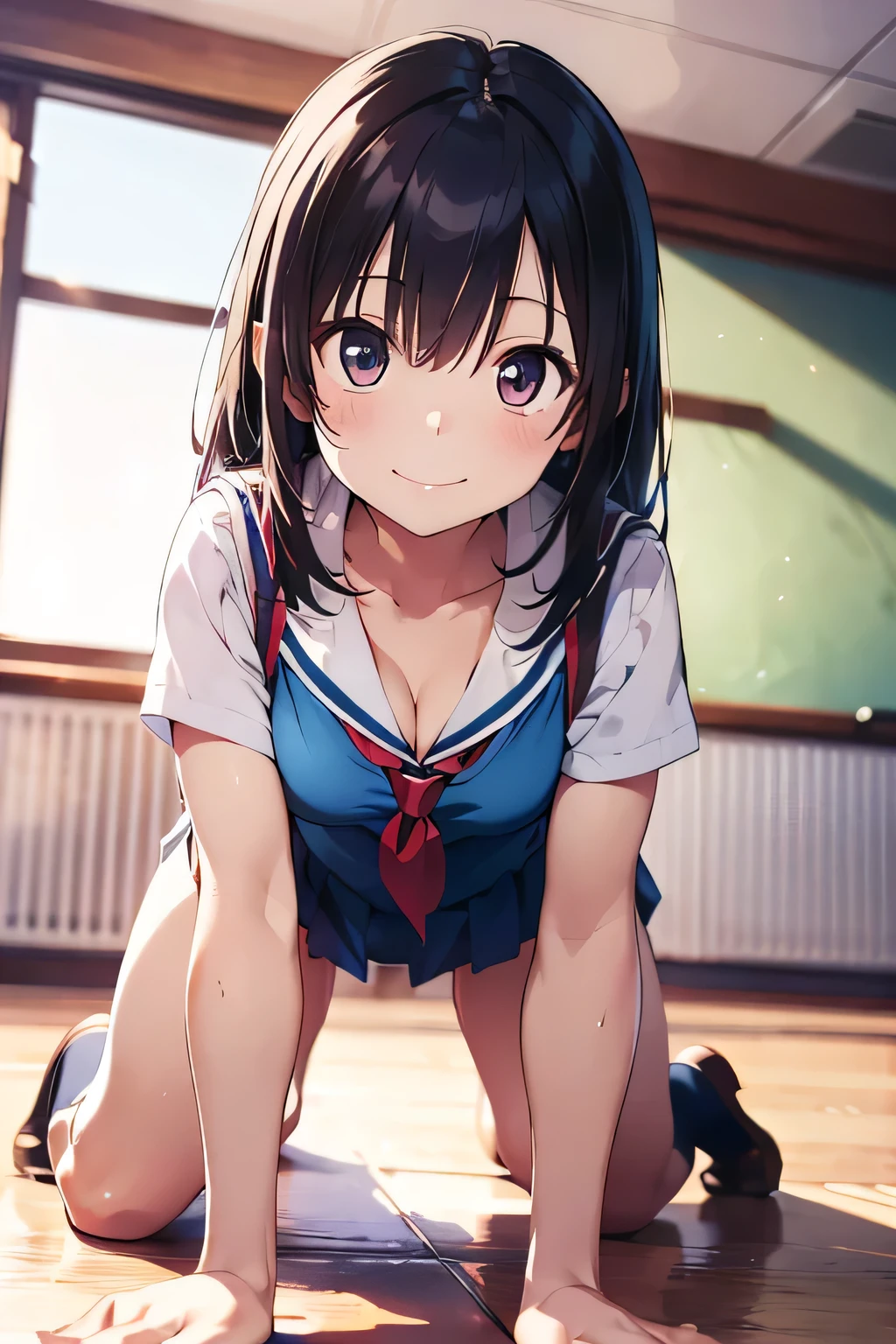 (extremely high quality artwork), (extremely detailed CG 8k), (masterpiece) ,(extremely cute girl), short, (innocent face), ((innocent smile)), shiny hair, (slim body), (small breasts), ((finely detailed beautiful eyes)), (eyes with brightness), look at viewer, (seductively posing on all fours on floor), (spread legs), ((nsfw)), ((school uniform)), (white sailor suit), ((cleavage)), ((no bra)), (((lower body is completely naked))), (((no panties))), beautiful skin, pale skin, shiny skin, (bright color), vibrant colors, natural light, (glare), 