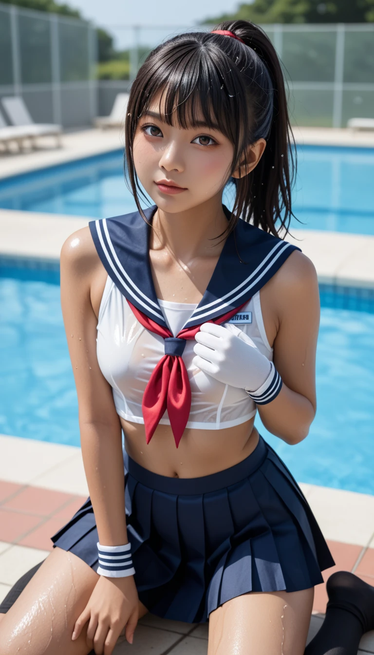  Wet 1 Japanese Female Middle School Student 、masterpiece 、  top quality  、 Super high resolution、 realistic、 beautiful lighting arranged in an orderly manner、  RAW photos 、4K Ultra HD、  super detailed face、Clear Face、Detailed eye、 beautiful eyes、1080P、 tan dark skin 、 black hair,   wet hair、 short bob cut , bangs、 Ponytail、 horny 、 Thin Young Gravure Idols 、 face up、 Portrait、Detailed eyeouth detail，目 with beautiful details，  glossy lips ，  double eyelid ，  has long eyelashes、 Red Headband 、 white gloves、((( small chest with tension、Separated Breasts 、 tight breasts)))、(( blue sky、small outdoor pool 、 blur background)),(((Wet Japanese Female Middle School Student 、 Red ribbon、 navy sailor color 、sailor cuffs、 wet pleated skirt 、 black high socks、Wear black shorts)))、Japanese female middle school student wearing a school swimsuit 、（(( and put a name tag、The name is MISAKI )))、(((Kissing smiles close-up、 face up)))、(((Kneel )))、( perfect anatomy)、 break ((Upper eyelid))、((( midi skirt)))、 thin beautiful thighs 、 beautifully manicured hair 、 oily skin 、Five fingers、Two arms、2 Legs 