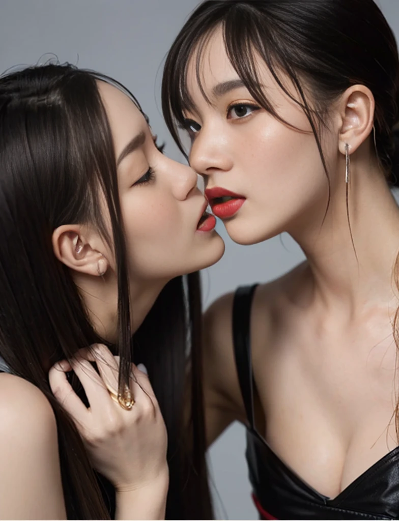 2girls、the kiss、Face upright、Rope restraint、red lipsticks、Hands behind your back、Metallic Tight Skirt、