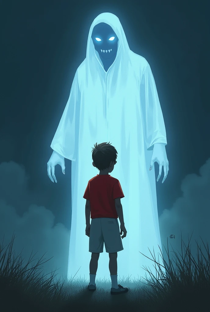 Black-haired boy approaches the ghost with great fear