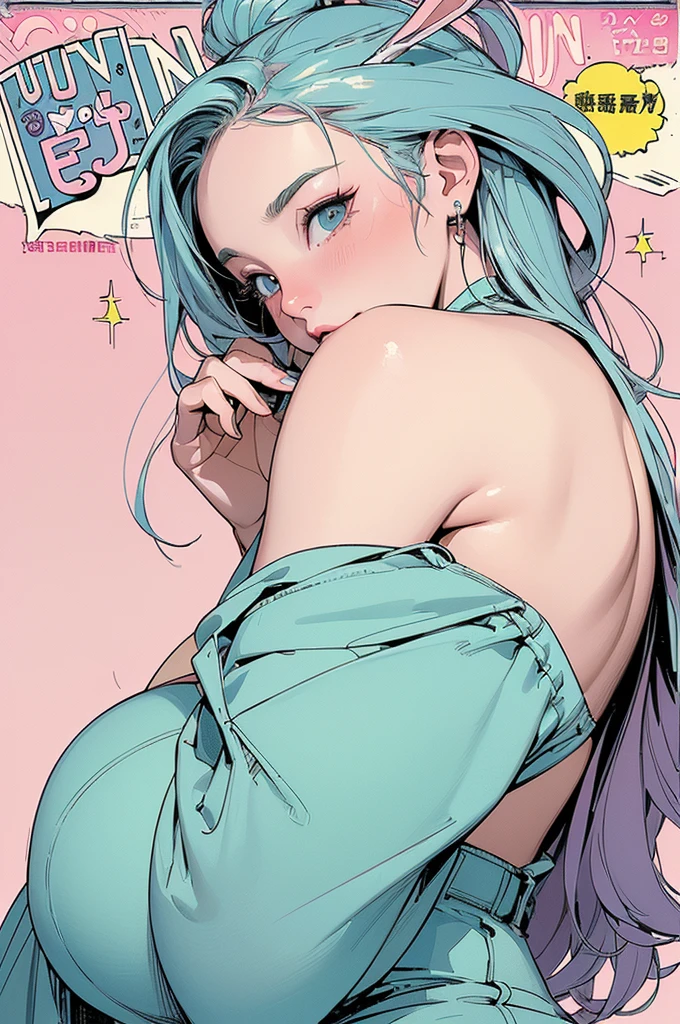 beautiful woman with black hair with teal streaks,big ass, standing, posing, sensual, sexy, realistic, perfect quality, realistic face, realistic eyes,vision behind the ass, sensual lingerie, cosmic nebula stars hair and scene