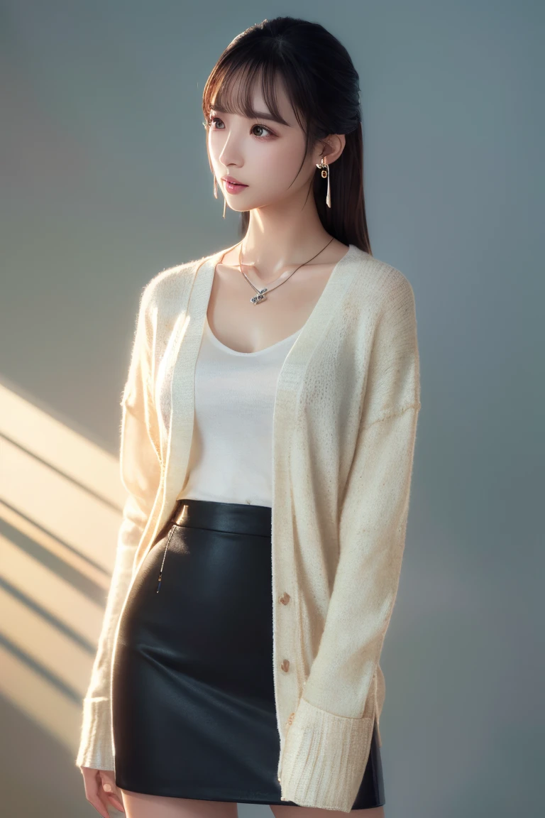 (Highest quality, 8K, photorealistic, detailed lighting, physically-based rendering), (1 girl), Japanese beautiful lady, ((long sleeve cardigan, u-neck shirt, pencil skirt, dangling jewelry earrings, delicate pendant)), perfect lighting