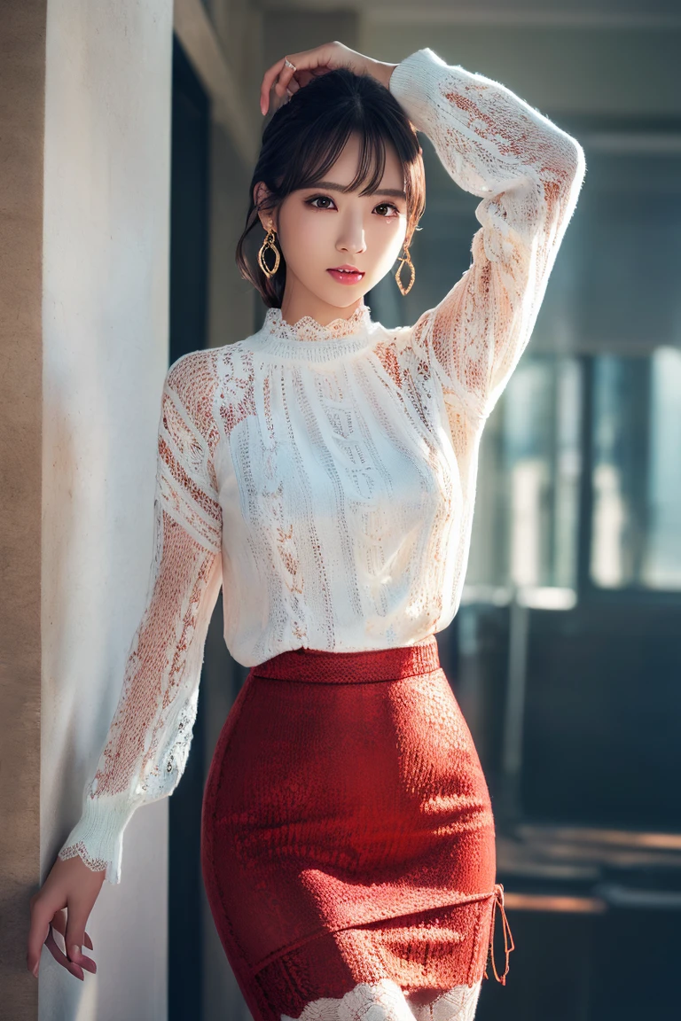 (Highest quality, 8K, photorealistic, detailed lighting, physically-based rendering), (1 girl), Japanese beautiful lady, ((long sleeve lace knitting blouse, pencil skirt, dangling jewelry earrings)), perfect lighting