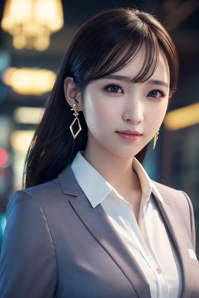 (Highest quality, 8K, photorealistic, detailed lighting, physically-based rendering), (1 girl), Japanese beautiful lady, ((secretary, business casual, slacks, dangling jewelry earrings)), perfect lighting