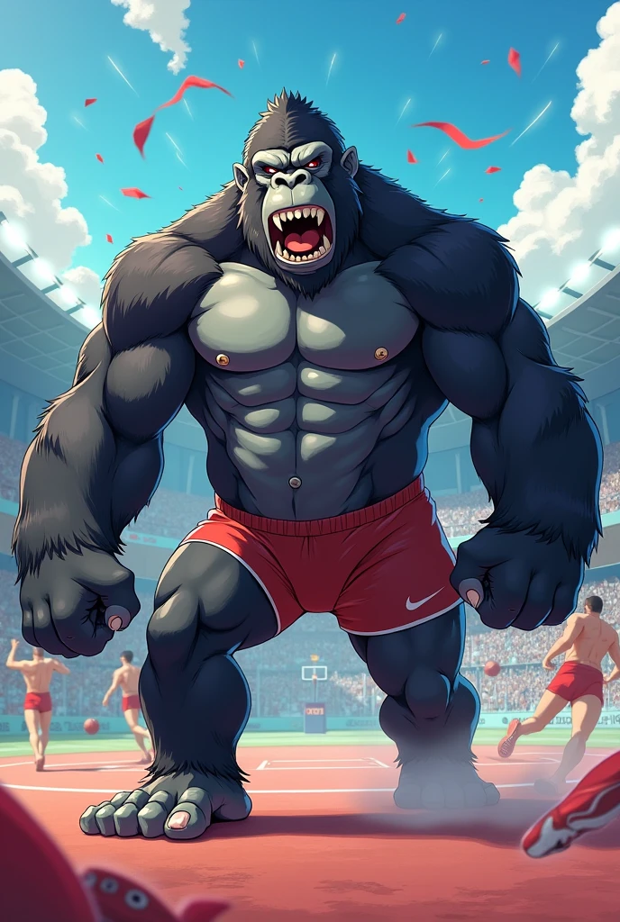 a muscular man, with a black suit, with two guns on his back,
with red boots and knee pads, and a red helmet shaped like a gorilla,
do it in the middle of a fighting coliseum, large, low angle