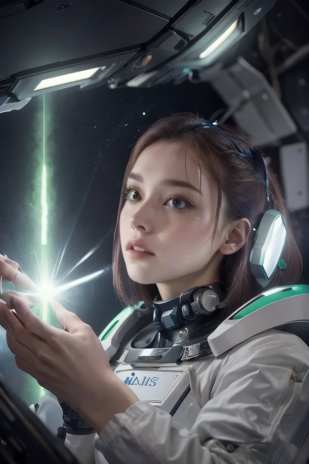 a futuristic space exploration scene, wearing a white spacesuit, beautiful detailed eyes, beautiful detailed lips, extremely detailed face, long eyelashes, astronaut holding a high-tech device, advanced alien spacecraft in the background, floating rocks and debris, colorful nebula, digital art, cinematic lighting, vibrant colors, dramatic atmosphere, highly detailed, 8k, photorealistic, concept art style
Preparing