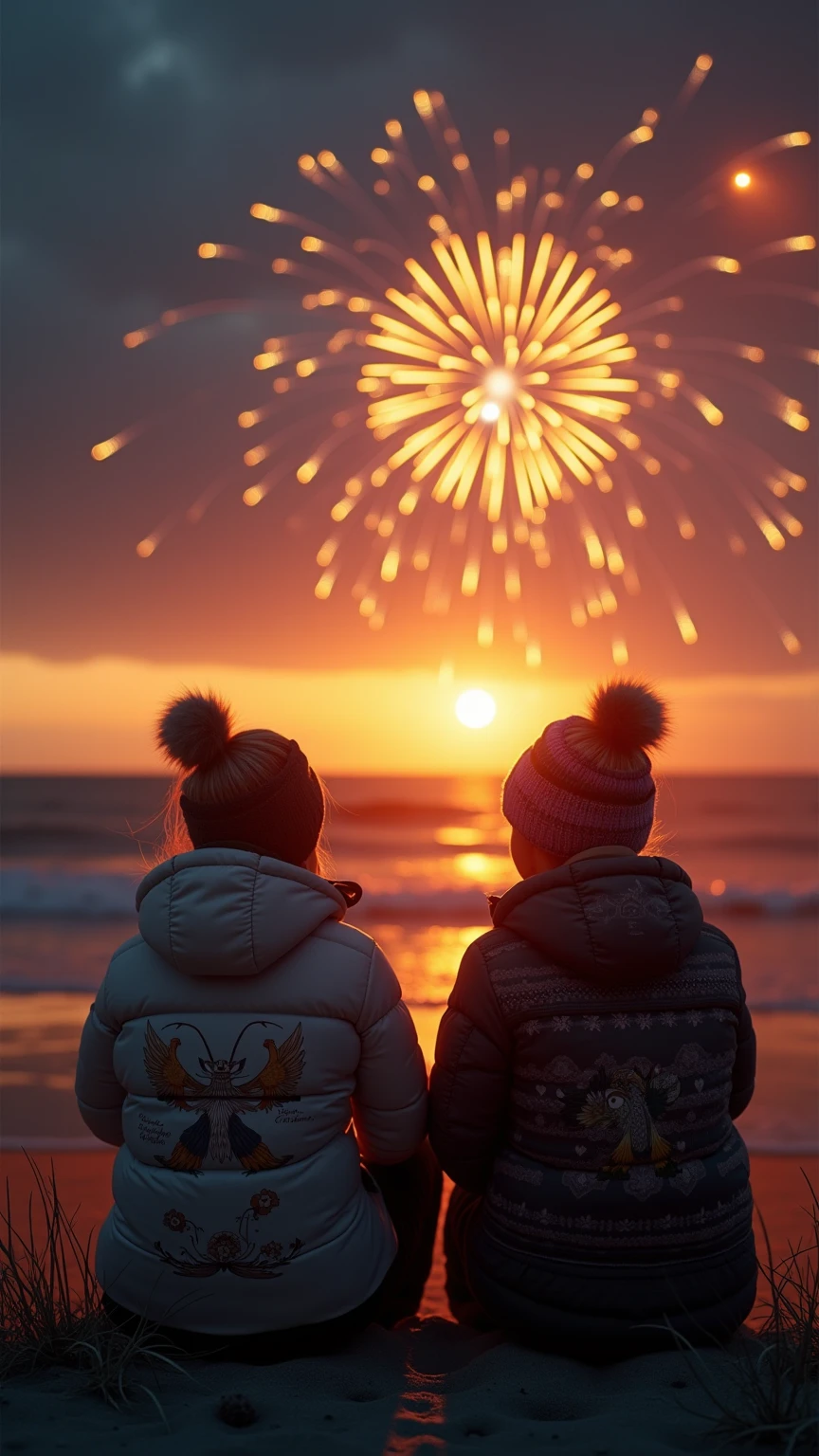 Japanese,Age 18,sister,Randomly generated people with diverse facial features and hairstyles,Perfect Anatomy,Ocean,Beach,firework,Night Sky,Launch firework, Ocean,magazine photography