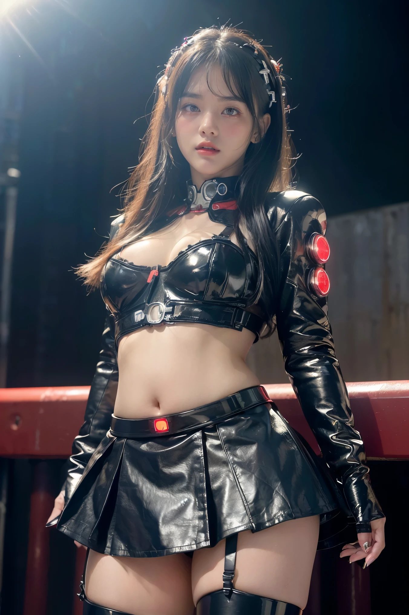 (finely detailed beautiful Red Eyes and detailed face,masterpiece sidelighting,masterpiece,best quality,detailed,High resolution illustrations),(urban tech wear, Cybernetic background, sunshine city),(1 Girl,whole body,beautiful girl,Glowing skin,look down,Looking at the audience),(Black Hair,Red Eyes,tights,tight leather skirt,Showing belly,No underwear)