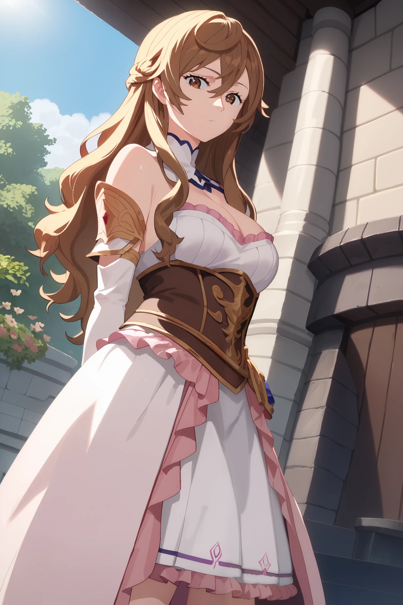 Game CG, Anime style, ((high resolution)), (((masterpiece))), (((best quality))), ((ultra-detailed)), (cinematic lighting), {illustration}, {beautiful detailed eyes}, {shining splendid skin}, {{{glossy skin}}}, {1girl}, extremely detailed, perfect proportion, 1girl, a princess, ((Brown long hair)), (Long Crossed bang), ((Long sidelocks)), Brown eyes, Medium Breast, ((Pink Frilled Dress)), ((detached sleeve)), ((Cleavage)), looking at viewer, ((standing elegantly)), arm behind her back, expressionless, ((Fantasy Garden Background)), ((Dynamic Close-up shot)), ((Face close-up)), ((low Angle)), ((sideview)), (((anatomically correct hand))), {{ratatatat74}}, ((anime screencap)), pixiv