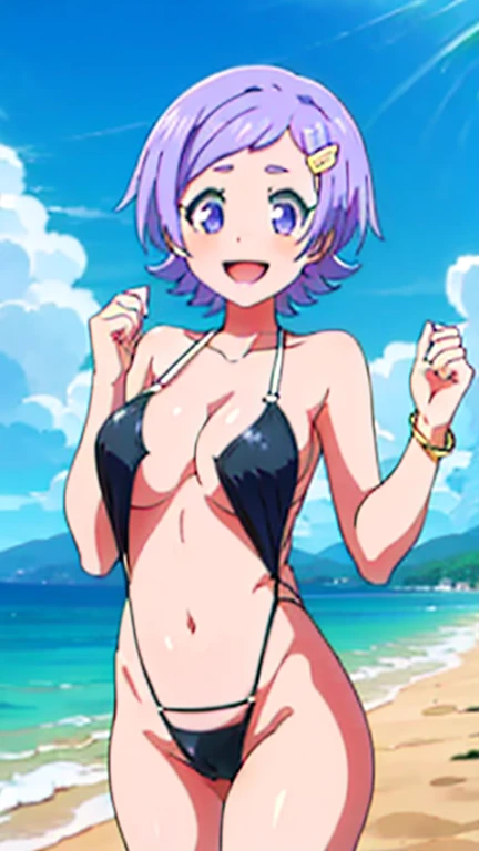 masterpiece, best quality, Ranko Honjou, looking at viewer, short hair, purple eyes, large breasts, upper body, portrait, seductive smile, arms up, armpits, armpits visible, sweaty armpits, purple bikini, background on beach