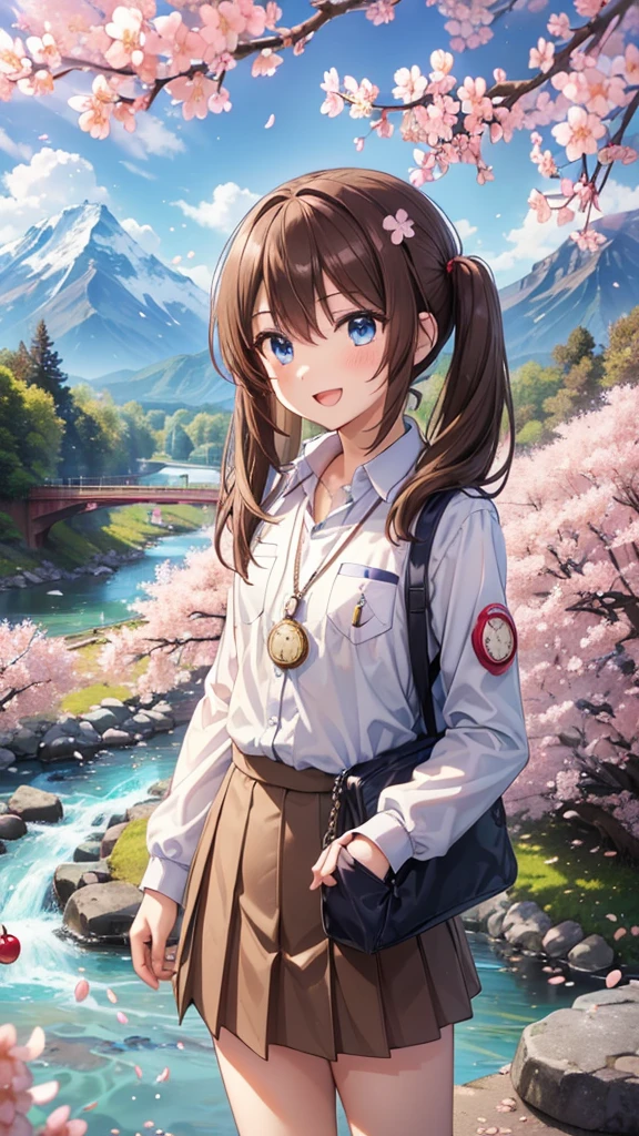 very beautiful teenage girl,(16k, super high resolution , top quality,masterpiece, super detailed, Highly Detailed Facial Features,  perfect face,  Perfect Eyes , anatomically correct body), Straight hair& high twintail,blue eyes, hair between eyes, ((light brown hair:1.3)), school uniform, white shirt,break,red pleated skirt,break, purple tie, Tree Eyes,((:d:1.3)),((cherryblossom tree:1.3)),((mountain & small river at the back of the screen:1.3)),front shot, looking at camera,standing on stone bridge,looking up, lots of small birds flying in the sky,((Pocket watch:1.3))