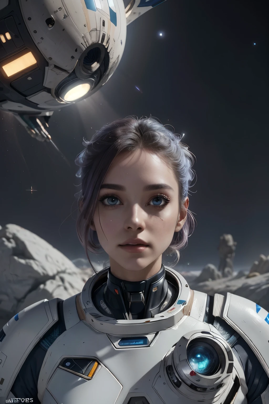 a futuristic space exploration scene, wearing a white spacesuit, beautiful detailed eyes, beautiful detailed lips, extremely detailed face, long eyelashes, astronaut holding a high-tech device, advanced alien spacecraft in the background, floating rocks and debris, colorful nebula, digital art, cinematic lighting, vibrant colors, dramatic atmosphere, highly detailed, 8k, photorealistic, concept art style 
