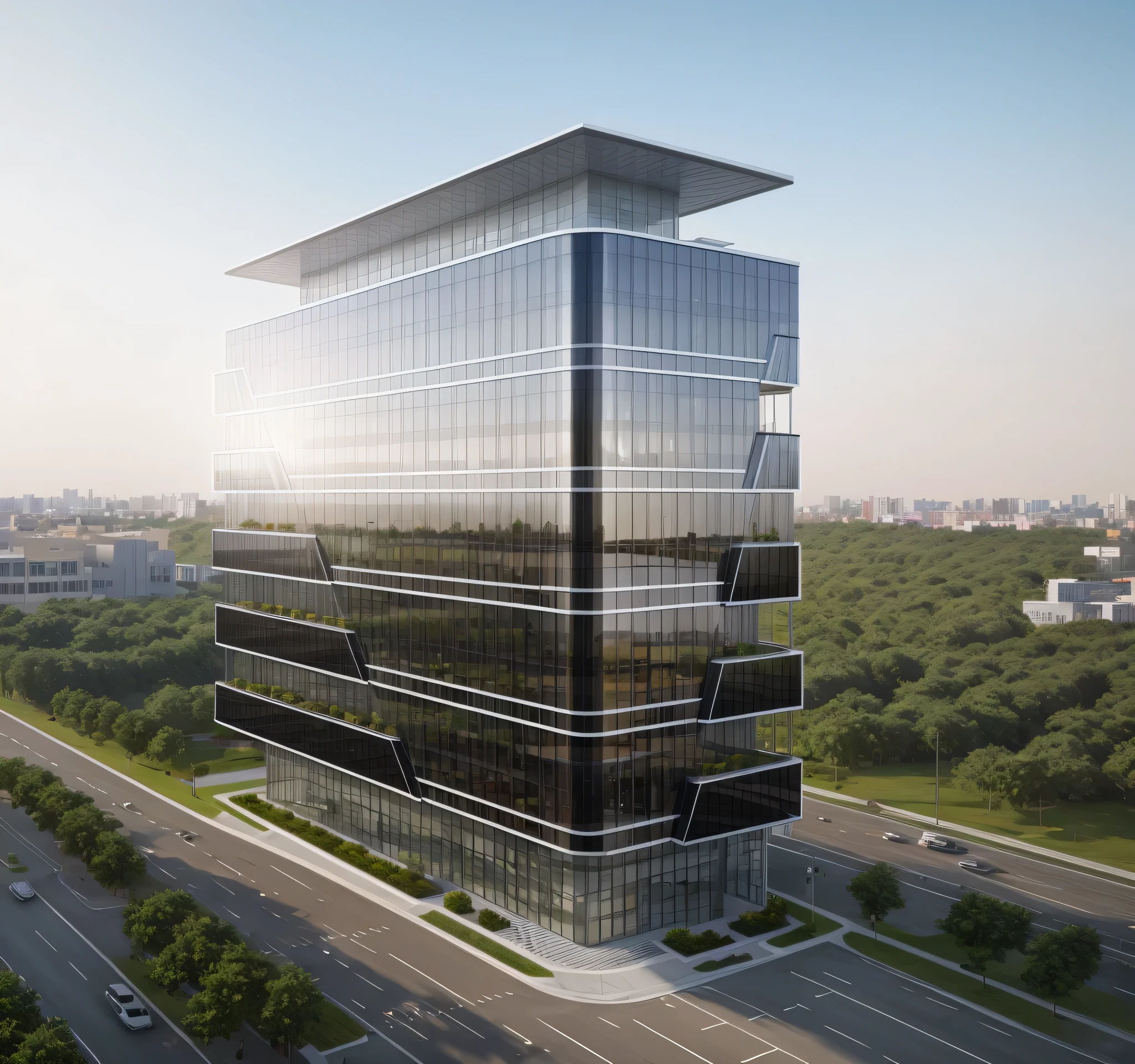 (masterpiece, best quality:1.2), rendering of a modern office building ,hotel, office building ,city landscape, white wall, black glass window