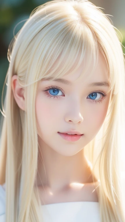 True Photo Quality、A beautiful girl、Extraordinary sexy beauty、Beautiful calm and bright expression、Sexy look、Perfect beautiful pretty face with bangs、Bangs between the eyes、Super long blonde straight silky hair、blonde on a beautiful face、Very cute beautiful sexy young little woman、Very perfect beautiful cute face、Beautiful, shining, very bright sky blue eyes、Very big eyes、Hair above the eyes、片Hair above the eyes、Hair between the eyes、Very bright and white skin、Cheek gloss、Small Face Beauty、round face、eyeliner