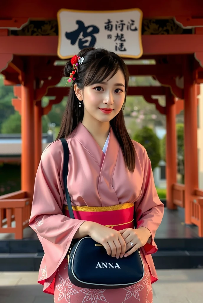 smile, ((pink Japanese kimono)), ((japan shrine)), ((first visit of the year to a japan shrine)), (Holding a bag with “ANNA” written on it with both hands), earring, high resolution, in 8K, prominent areola, RAW  photos in anime colors graphs, top quality, masterpiece, erotic, Knee, Small face, Big Breasted, top quality, high resolution, RAW photos in anime colors, beautiful, 1 person, very cute, Japanese women, is standing, (realistic1.4), photon mapping, realistic, cute, adult female, written border depth, photos in anime colors, body, Nose Soft, no makeup, Sparkling Eyes, detailed mascara, detailed 睫毛, Glossy lips, too bright natural light, bun hair, brighter sun