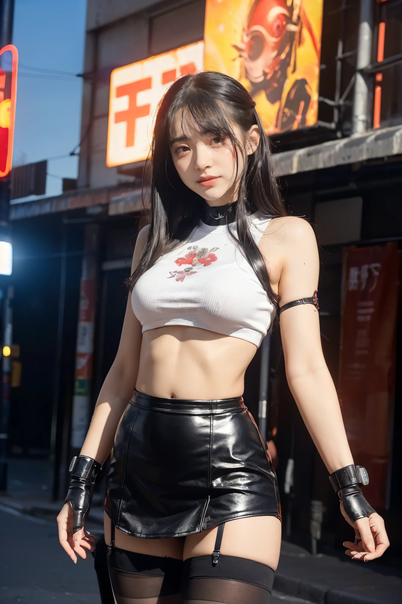 solo,1girl, single elbow pad, ankle boots, black hair, black skirt, black thighhighs, red boots, elbow gloves, elbow pads, fingerless gloves, taut shirt, sports bra, (suspender black skirt), thighhighs, white tank top, hands on breast,breast focus