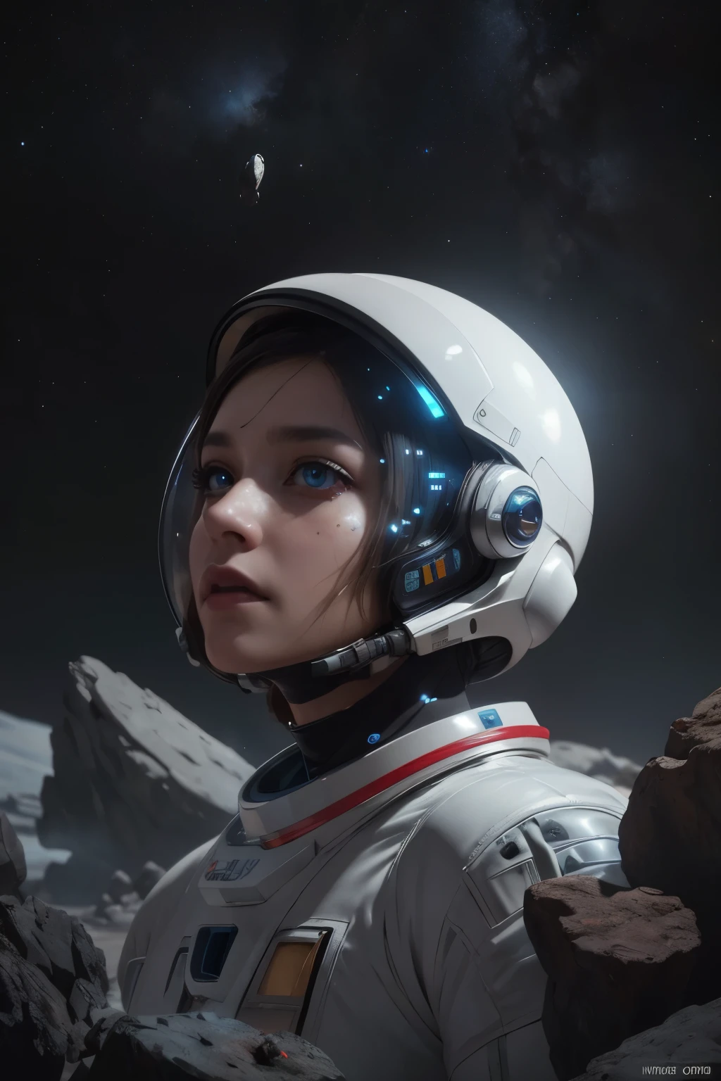 a futuristic space exploration scene, wearing a white spacesuit, beautiful detailed eyes, beautiful detailed lips, extremely detailed face, long eyelashes, astronaut holding a high-tech device, advanced alien spacecraft in the background, floating rocks and debris, colorful nebula, digital art, cinematic lighting, vibrant colors, dramatic atmosphere, highly detailed, 8k, photorealistic, concept art style