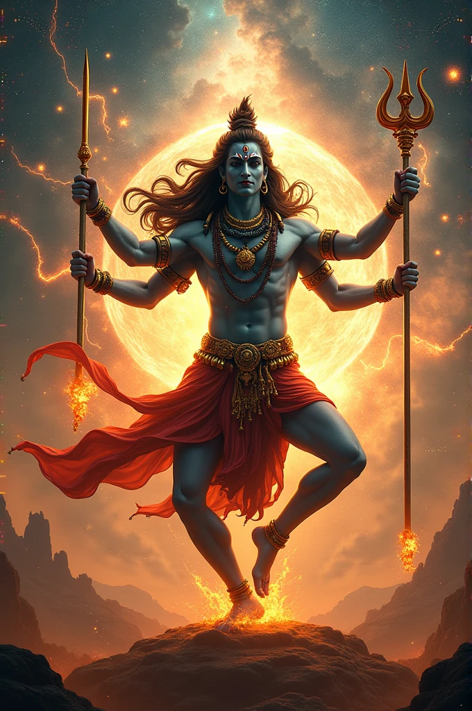 Krishna ji in his vidhwaswaroop most angry face with his shudarshan chakra, burnt villages, palace,tress,animals and peoples