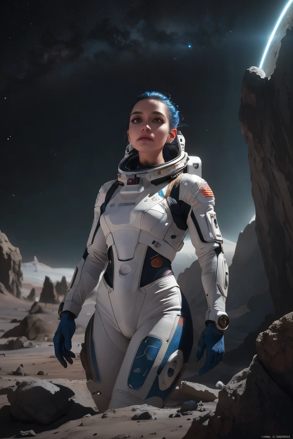 a futuristic space exploration scene, wearing a white spacesuit, beautiful detailed eyes, beautiful detailed lips, extremely detailed face, long eyelashes, astronaut holding a high-tech device, advanced alien spacecraft in the background, floating rocks and debris, colorful nebula, digital art, cinematic lighting, vibrant colors, dramatic atmosphere, highly detailed, 8k, photorealistic, concept art style 
