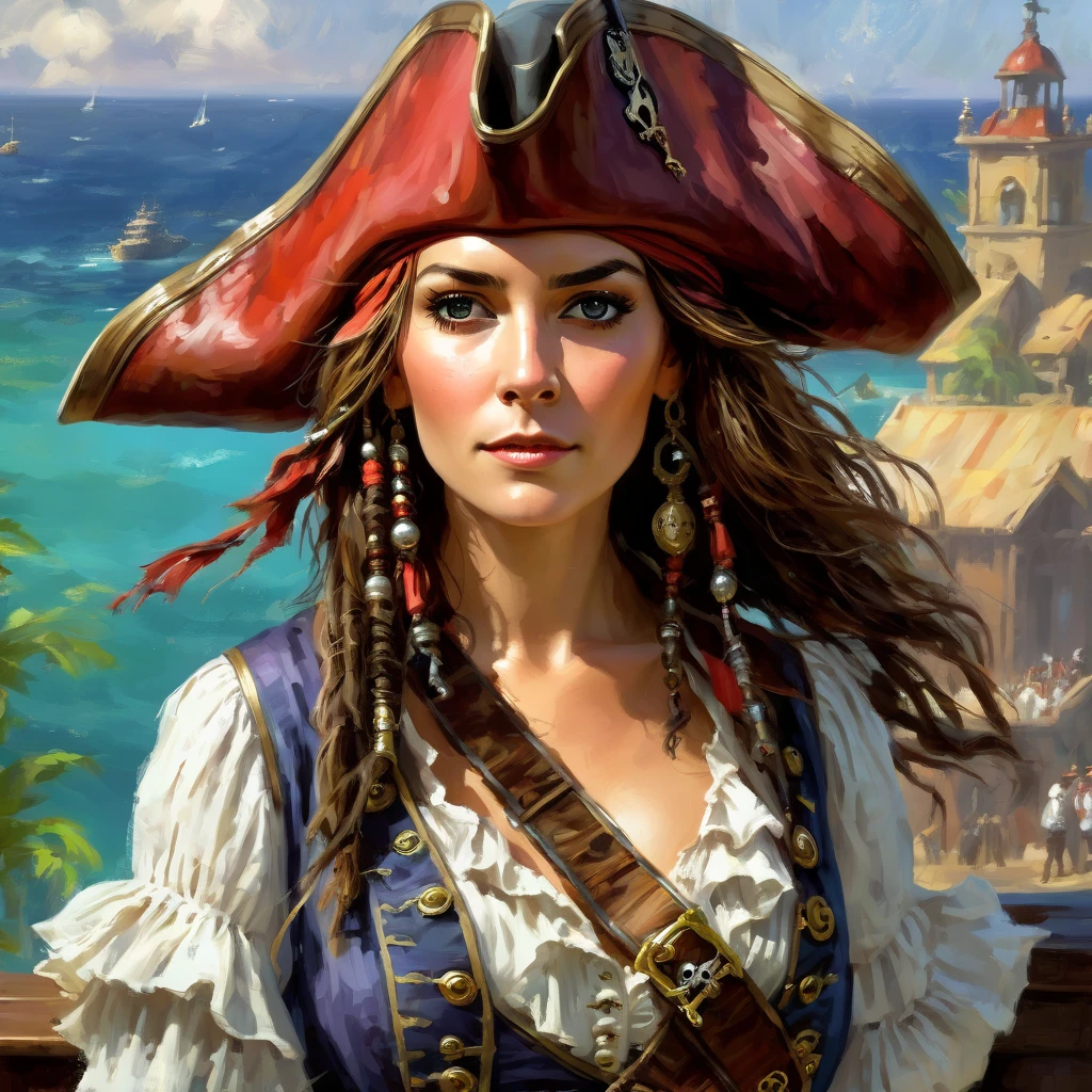 pirates of the caribbean,Captain Jack,skeleton head,tmasterpiece,closeup cleavage