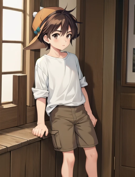  top quality , masterpiece,  high resolution,   Details,  digital artwork , , 1人の boys,  shirt, long shorts ,  boys, inverted hat ,   brown hair,  brown eyes,