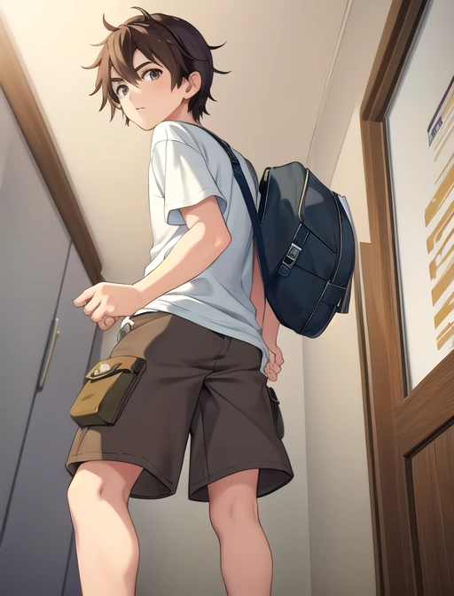  top quality , masterpiece,  high resolution,   Details,  digital artwork , , 1人の boys,  shirt, long shorts ,  boys, inverted hat ,   brown hair,  brown eyes,