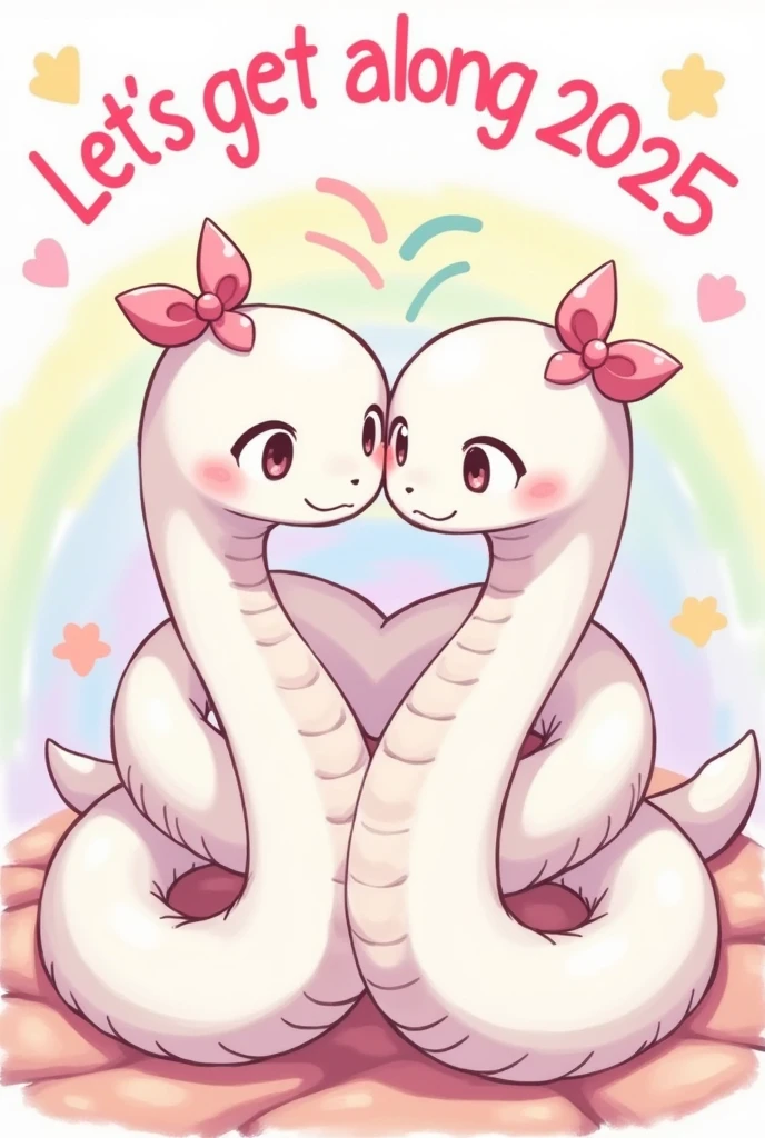 Two very cute white snakes with pink ribbons on their heads are hugging each other, The words "Let's get along 2025" are written in colorful rainbow pastel colors, anime manga illustration, ultra detailed, absolutely resolution, masterpiece